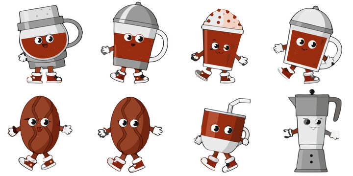 Cute cartoon coffee characters mugs beans and a teapot with faces