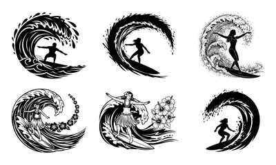 Obraz premium Hand-drawn hawaiian surfer silhouette collection in big ocean waves