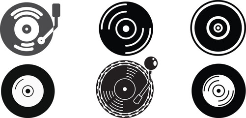 Retro Vinyl Record and Turntable Icons Set, Vintage LP Music Album and Analog Audio Disc Vector Collection © Rahib