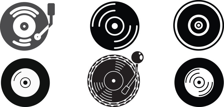 Retro Vinyl Record and Turntable Icons Set, Vintage LP Music Album and Analog Audio Disc Vector Collection