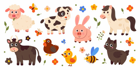 Obraz premium Cartoon farm animals and colorful flowers arranged on a white background