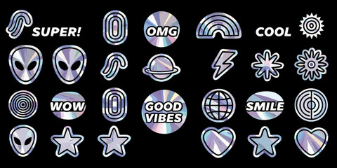 Retro holographic sticker collection featuring aliens stars and positive words © Roni