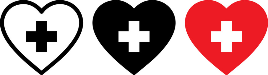 Obraz premium Medical care heart symbols with cross in black and red