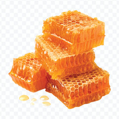 realistic four stacked honeycomb pieces with dripping honey in different style isolated on transparent background