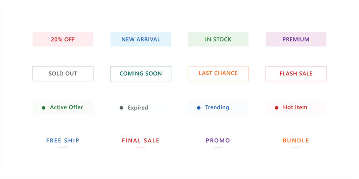 E-commerce Product Status Labels Vector Set with New Arrival and Flash Sale Tags for Web Shop