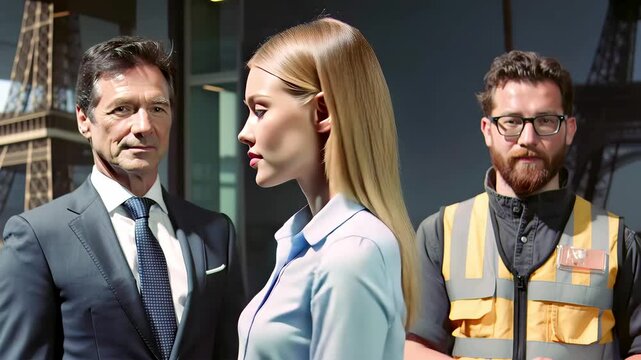 Diverse professionals in modern office entrance: manager in suit, coordinator in blouse, technician in safety vest. Footage for recruitment agencies, employer branding, or HR platform hero images.