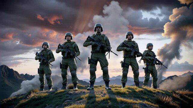 Soldiers in formation; focused expressions, hands on weapons, wind moving gear; rear troops blurred; dramatic clouds and orange light. Used for military recruitment, strategy simulation, or sequences.
