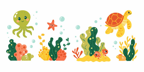 Cute cartoon octopus turtle and fish swim among colorful coral reefs © Roni