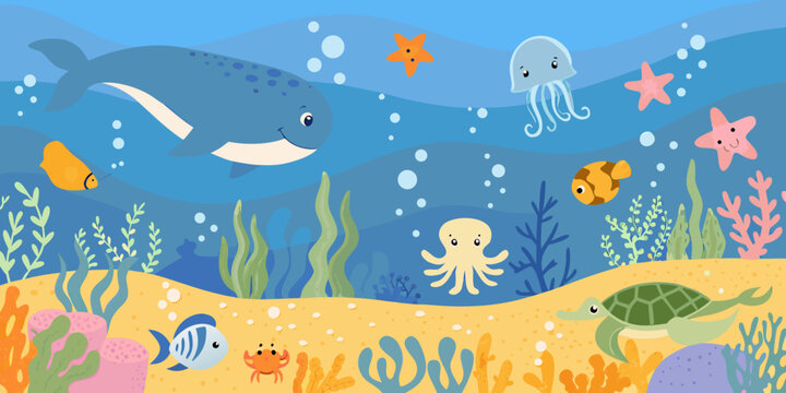 Colorful cartoon illustration of various marine animals in the ocean