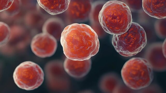 A bunch of red cells are shown in the air. They are all different sizes. Some are small and some are large
