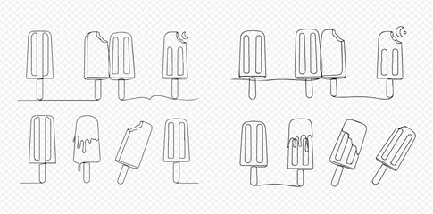 Continuous line drawing of various ice cream popsicles on sticks, some bitten or melting, in a set of vector illustrations.