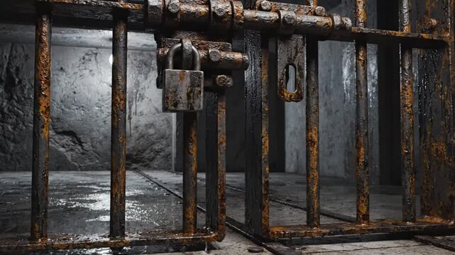Rusty jail cell door closing with a padlock in a dark, damp, abandoned prison setting