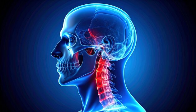"Medical illustration of human head and neck lateral view highlighting cervical spine in red against blue skeletal structures."