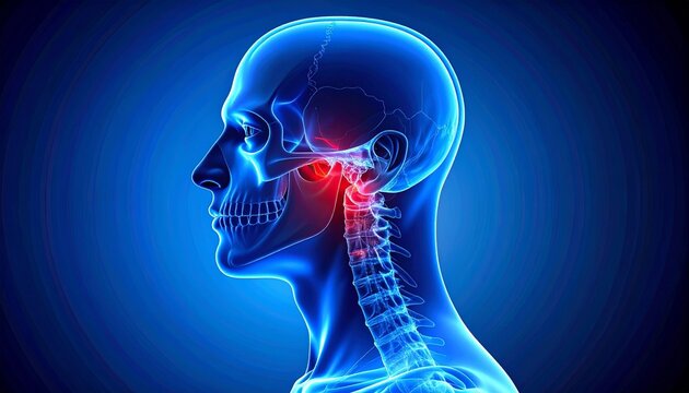 "Medical illustration of human head and neck lateral view highlighting cervical spine in red against blue skeletal structures."