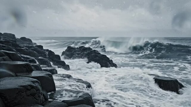 Dramatic seascape of crashing waves and dark hexagonal rocks on a stormy, overcast day
