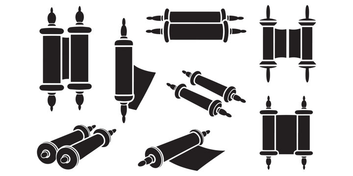 Vector set of ancient scroll silhouettes, Torah and manuscript icons for religious, history or vintage legal design projects.