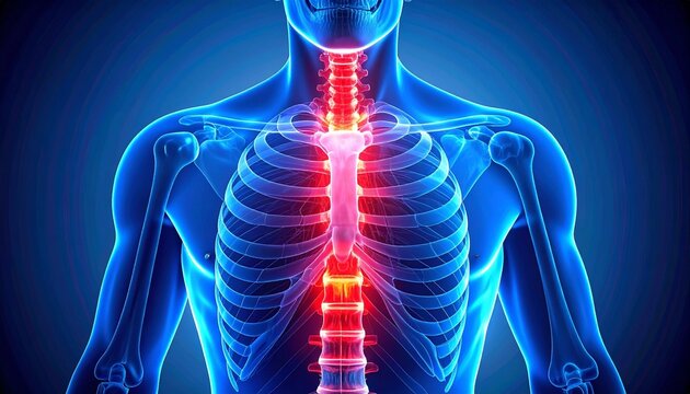 "Anatomical illustration of human upper torso showing rib cage, sternum, and spine in semi-transparent blue, sternum and ribs highlighted in red to emphasize thoracic structures and spatial relationsh