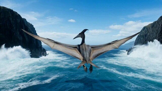 Majestic mythical creature soaring over a vibrant ocean landscape, capturing the essence of adventure and freedom.