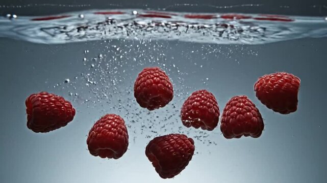 Raspberries falling and splashing into water creating beautiful bubbles and textures in slow motion