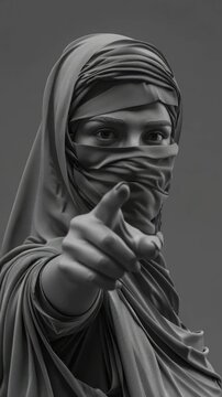 A woman wearing a burqa points directly at the camera, conveying a strong message. Her direct gaze is intense and unflinching.