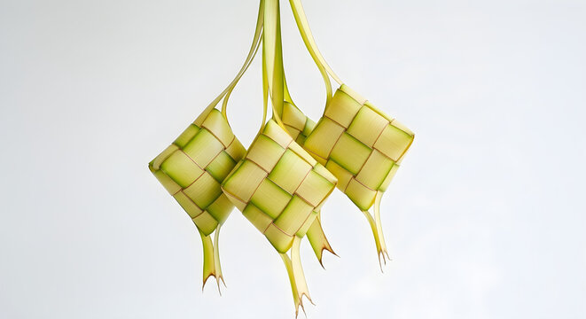 Three Hanging Ketupat Rice Dumplings Made of Woven Palm Leaves Isolated on White Background