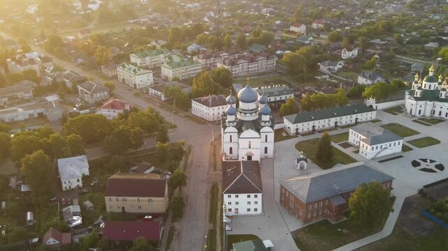 Aerial Dawn over the Epiphany Monastery and Historic Uglich, Russia.Perfect for travel, history, architecture, and cultural heritage themes.