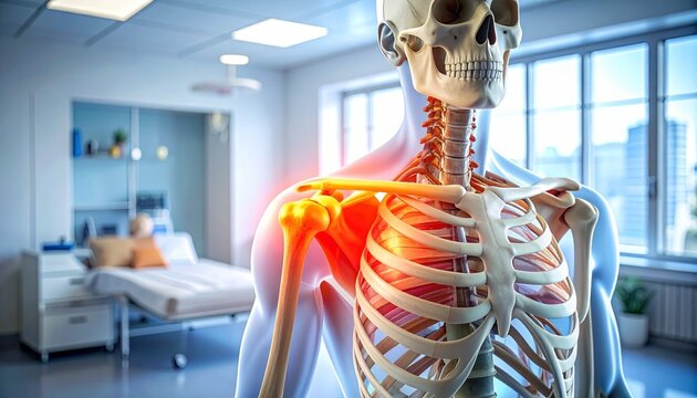 "Digitally rendered anatomical illustration of human skeleton upper torso, clavicle and ribcage highlighted in red to indicate pain or inflammation, clinical background with examination room setting e