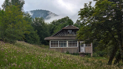 Carpathians. Wooden houses in a mountain village