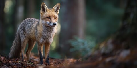 Naklejka premium A fox is standing in the woods, looking at the camera.