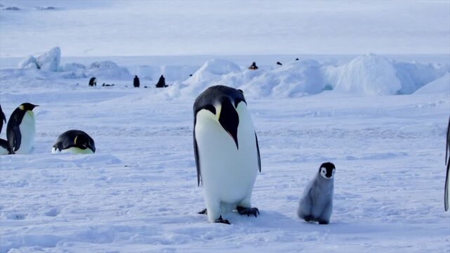 Emperor Penguin Chick Walking with Parent then Cries for Food Second Parent Comes In