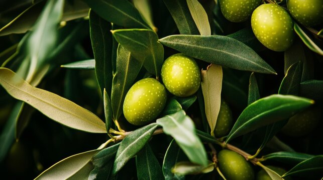 Lush green olives surrounded by vibrant leaves in an olive grove during midday sun