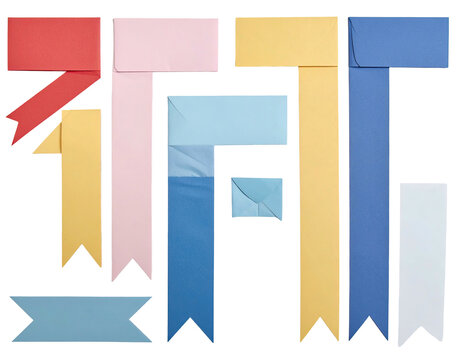 Colorful arrangement of folded fabric pieces, forming various shapes