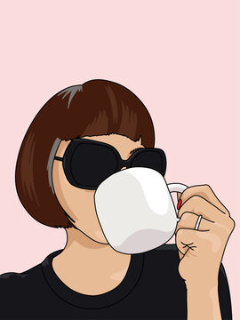 Close Up Portrait Vector Illustration of Woman Drinking Coffee Holding a Mug Wearing Sunglasses. Isolated on Pink Background