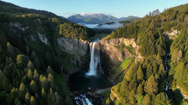 Aerial drone shot of multi-tiered waterfall cascading into forested gorge; evergreen trees cover steep slopes, distant mountains in haze; golden hour light enhances water texture and foliage.