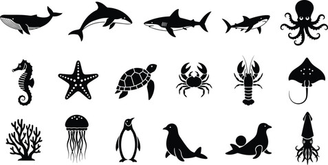 A collection of black silhouette icons representing various marine animals and sea life © MohammadSakhawat