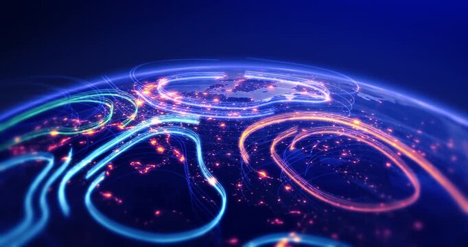 High speed data connections across illuminated Earth from space. Technology and digitalization related 3d animation.