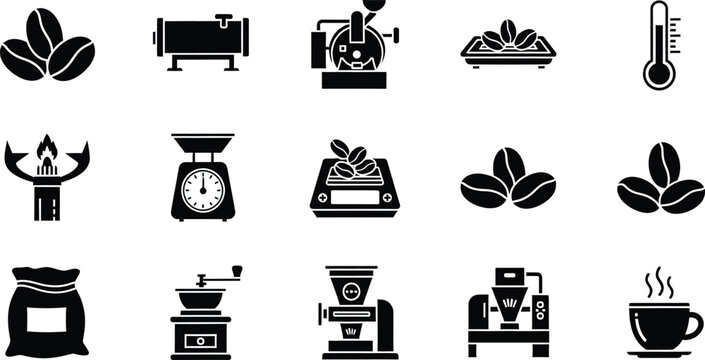 A collection of black icons representing coffee production processes, equipment, and final preparation