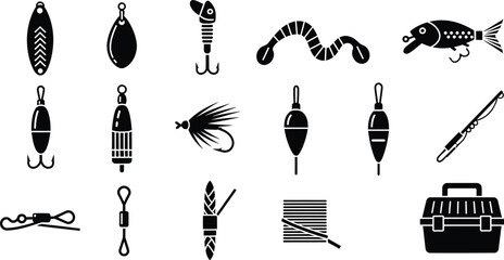 A diverse set of fishing tools and accessories, such as lures, bobbers, and a tackle box, shown as black silhouettes. © MohammadSakhawat