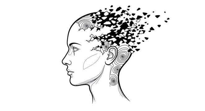Disintegrating Head Silhouette: Loss of Thought, Memory, and Identity Concept