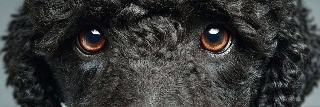 Charming Black Poodle Portrait with Soulful Eyes, Showcasing Attentiveness Against Gray Background