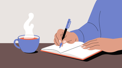 person writing in a personal journal beside a cup of coffee, reflective journaling and mindful writing concept