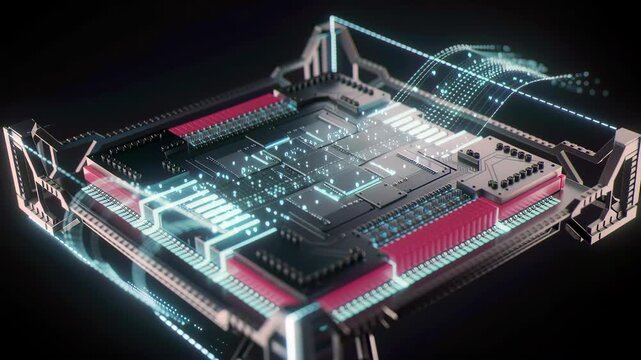 Transparent semiconductor architecture shows layered die, copper traces and power rails; blue data flow lines illuminate interconnects; CGI render for tech whitepapers or presentations on chip design
