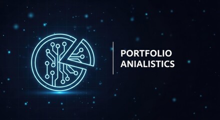 Fototapeta premium Neon lit portfolio analytics and statistics concept with pie chart on dark background with blue dots