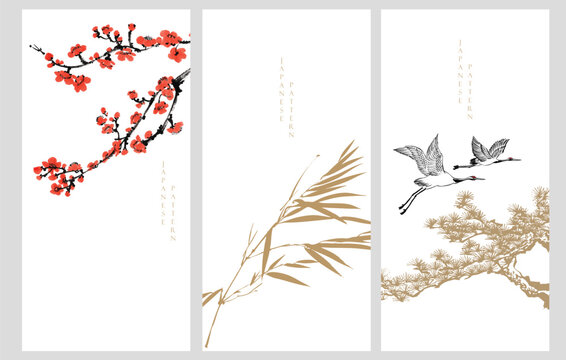 vector illustration of a cherry blossom flower, bonsai tree, crane birds and bamboo branch background. in traditional style.