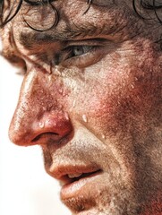Obraz premium Close portrait of an exhausted runner after extreme effort, face distorted by fatigue, skin red and bruised, salt streaks from sweat, dirt on jawline, euphoric expression