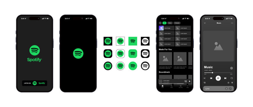 Spotify interface icons. Editorial interface mockup of Spotify. iPhone screen mockups. Interface mockup template. Smartphone screen. Spotify pages mockup. Phone screen. Vector illustration