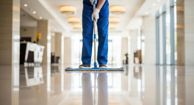 A janitor in blue uniform mopping a shiny floor in a modern building