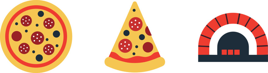Fototapeta premium Whole pizza, slice, and brick oven icons representing Italian food preparation and enjoyment