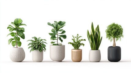 Obraz premium Collection of diverse potted houseplants arranged in a row against a clean white background