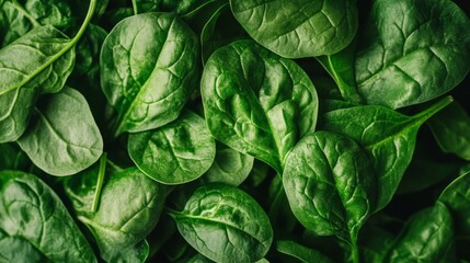 Fototapeta premium Fresh spinach leaves on a green background ready for salad preparation in a kitchen setting